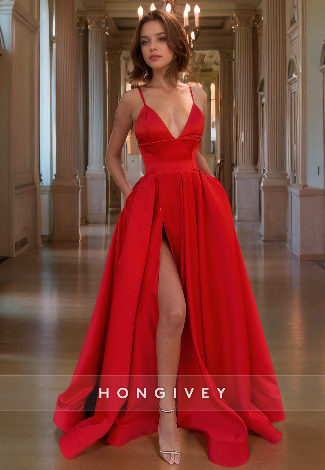 L1478 - Sexy Satin A-Line Plunging V-Neck Spaghetti Straps Empire With Side Slit Party Prom Evening Dress