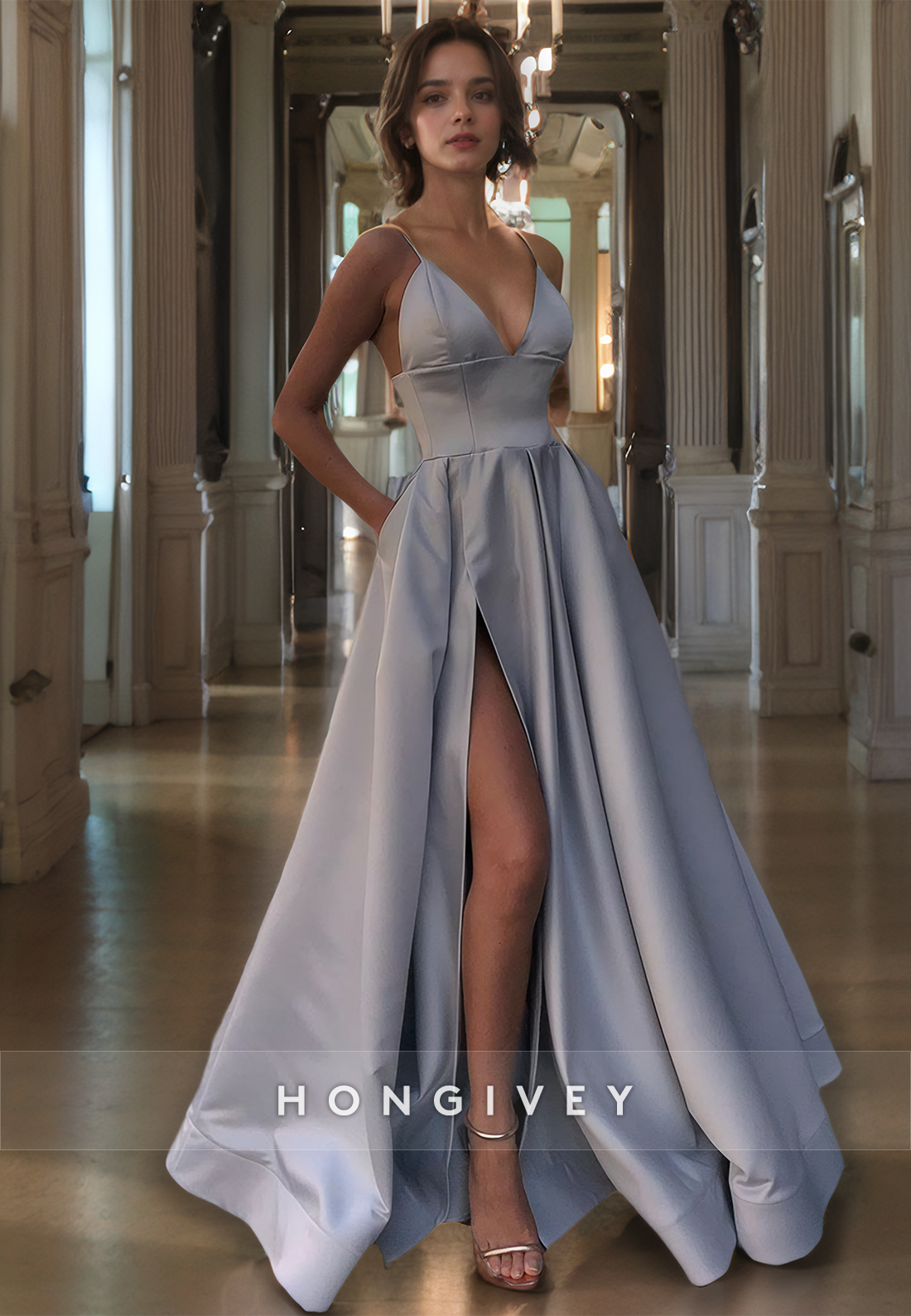 L1478 - Sexy Satin A-Line Plunging V-Neck Spaghetti Straps Empire With Side Slit Party Prom Evening Dress