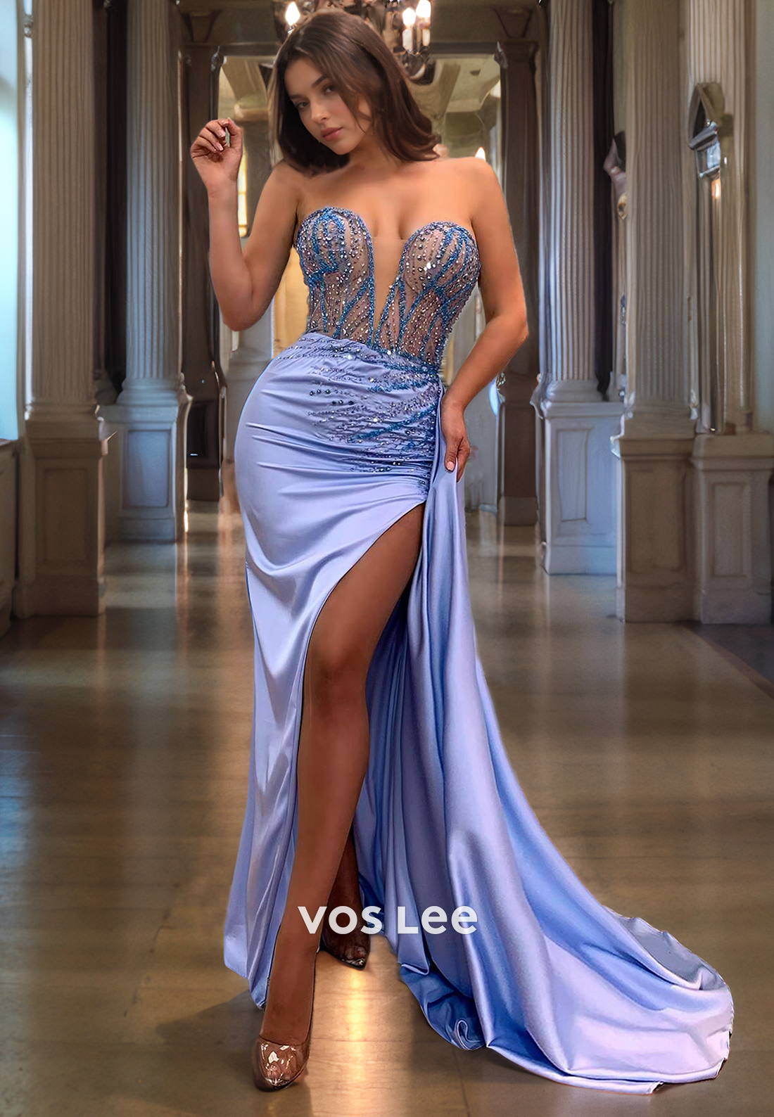 Trumpet/Mermaid Low-V-Neck Pleated Satin Prom Dress with High Slit and Beaded Top