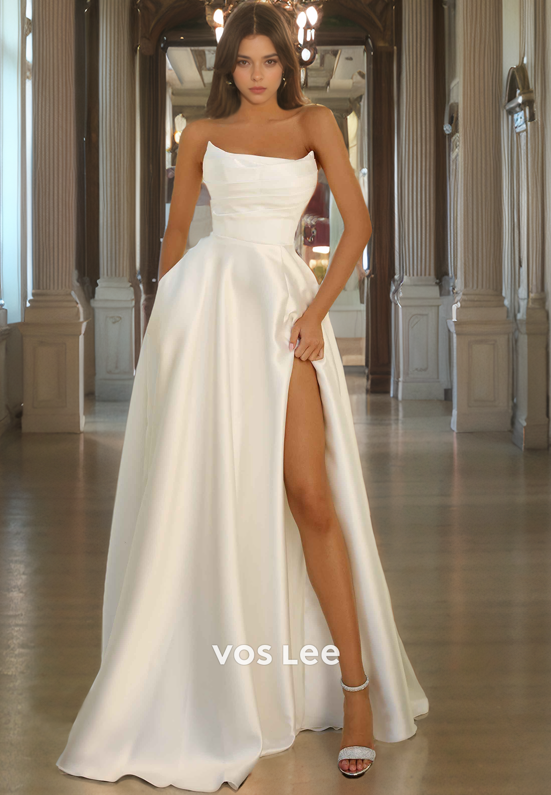 Strapless Long Formal Prom Dress with Slit A-Line Party Dress