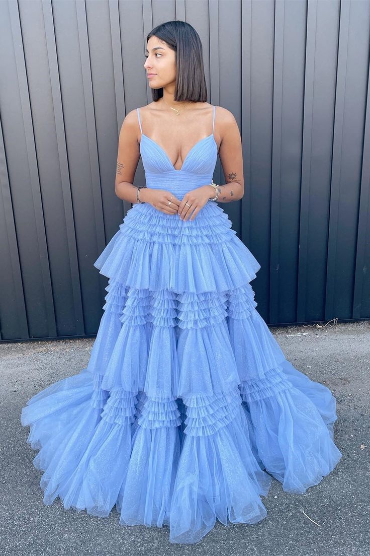 V Neck Layers Tulle Long Ball Gown,A Line Spaghetti Strap Evening Dresses