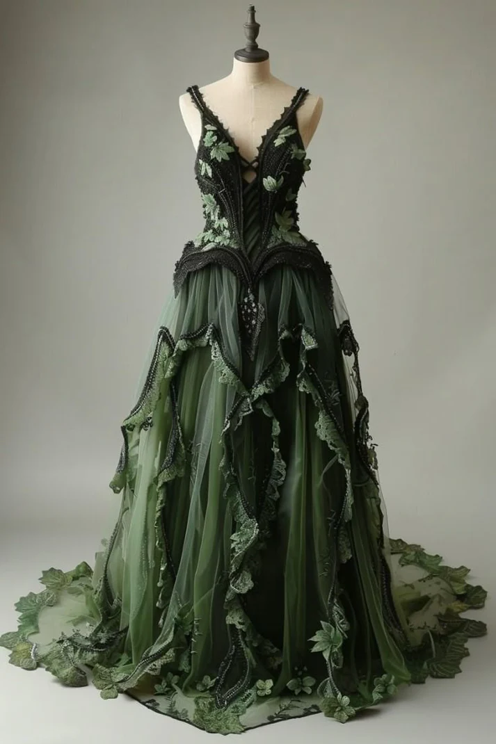 V-neck Tulle Applique Long Prom Dress Vintage Lace Formal Evening Dress - FashionDia