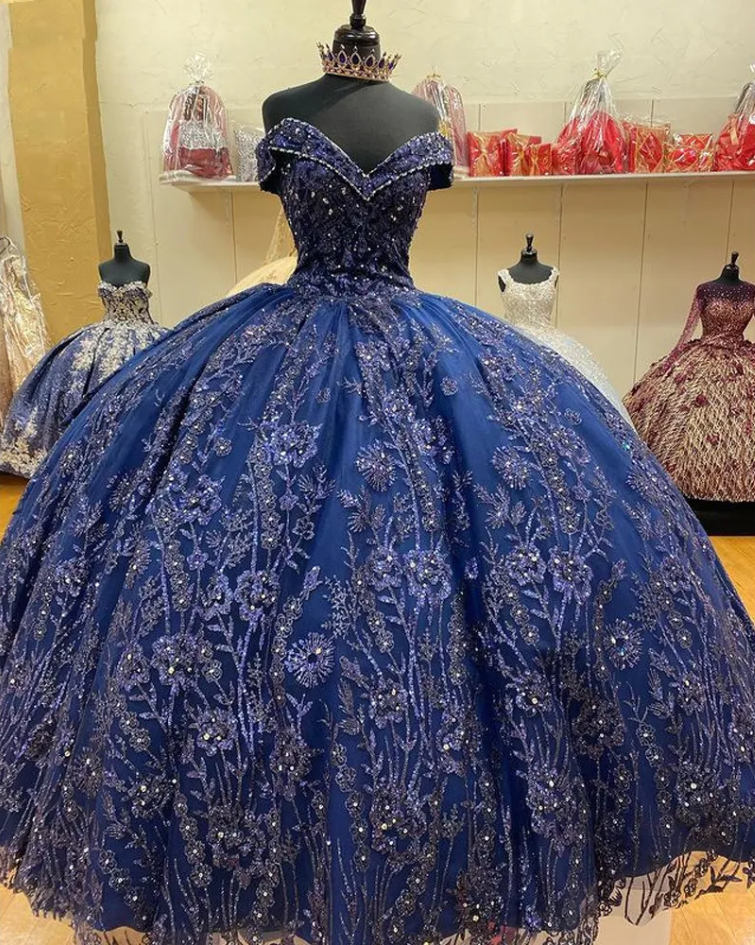 A-Line Navy Blue Off-the-Shoulder Quinceanera Dresses Sweet 16 Dress Ball Gown - View 3 | FashionDia
