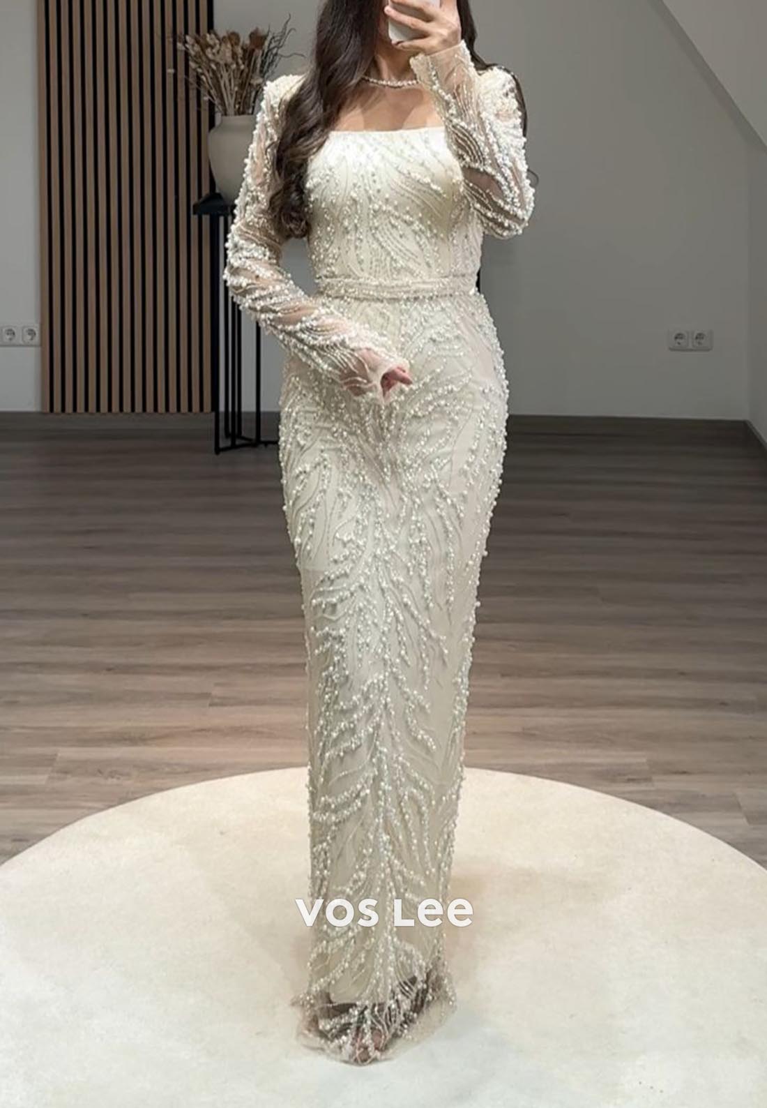 Column Floor-Length Square Long Sleeve Beading Glitter Split Formal Evening Dresses