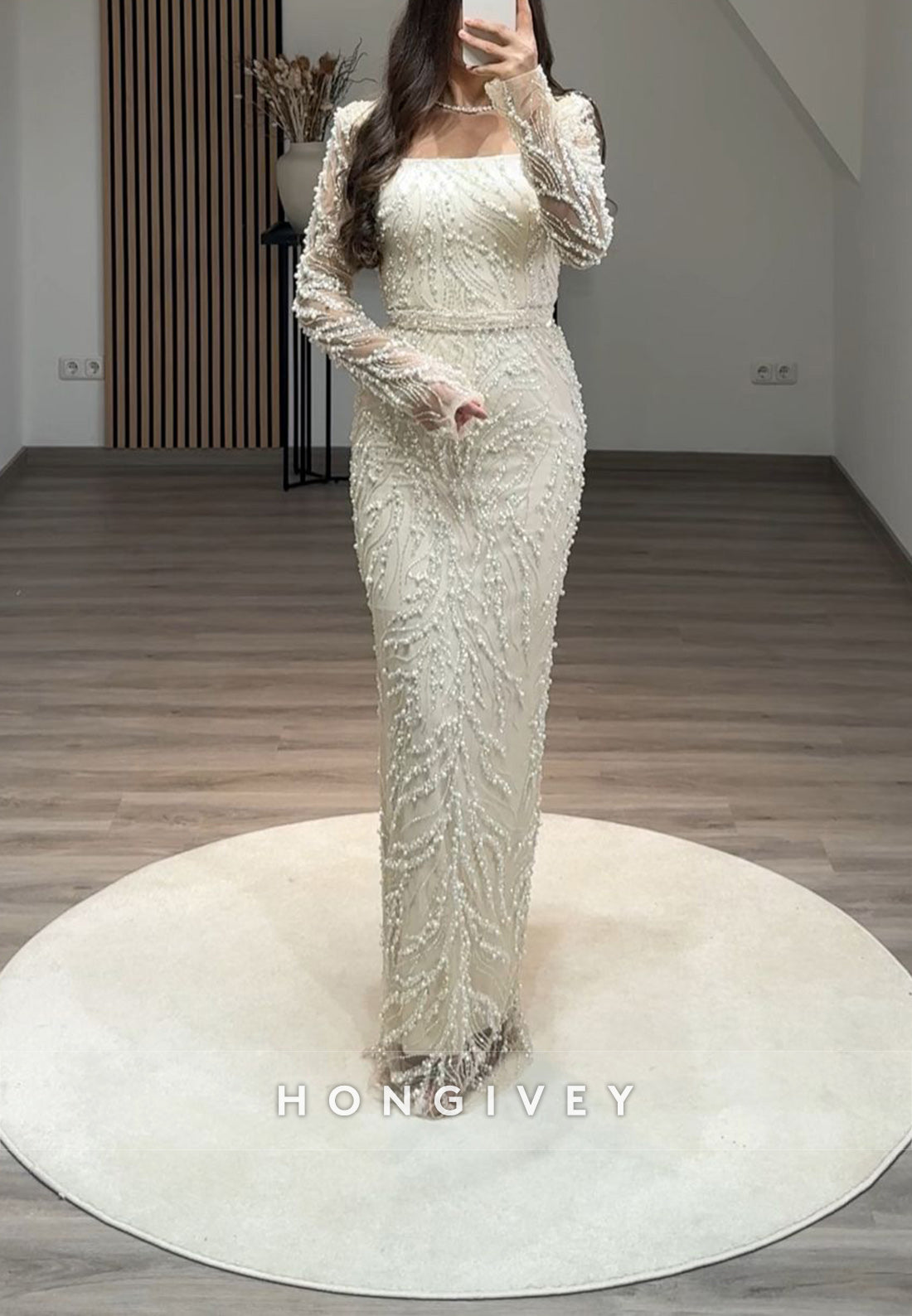 Column Floor-Length Square Long Sleeve Beading Glitter Split Formal Evening Dresses