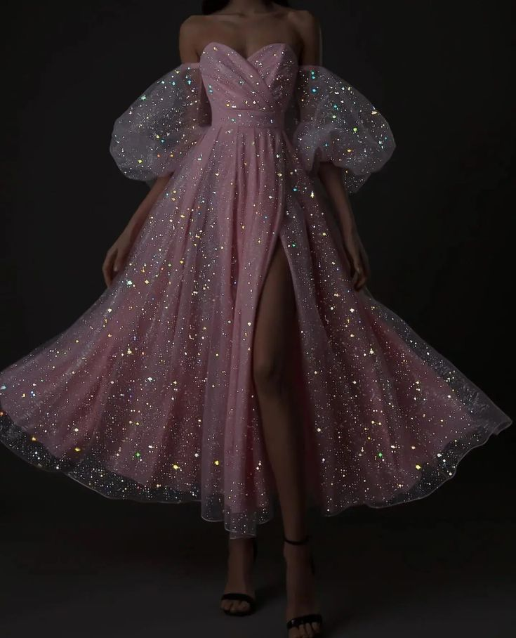Sparkly Off-the-Shoulder Slit Pink Knee Length Prom Dress Evening Gown - FashionDia