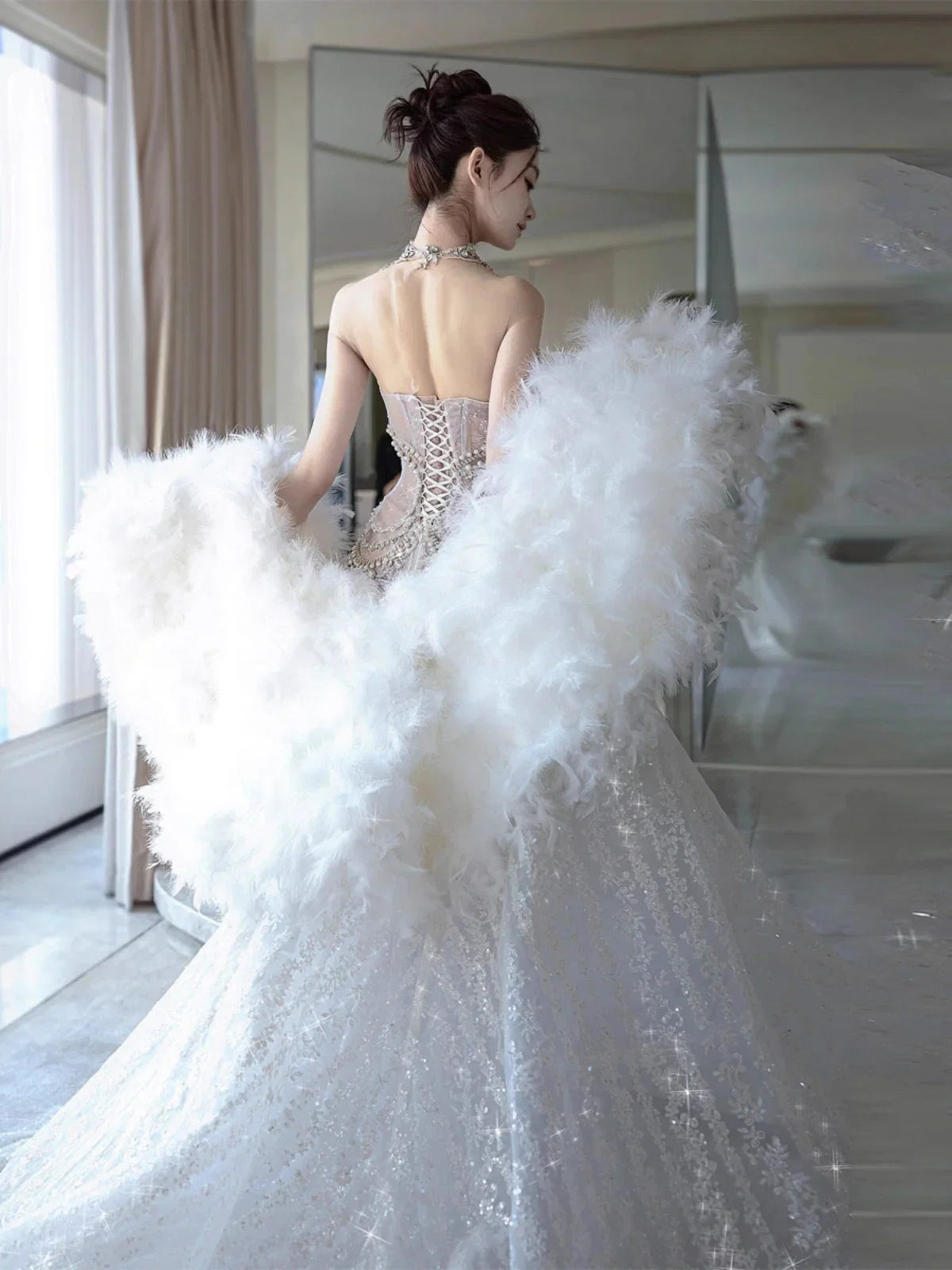 Elegant Silver-White Mermaid Sweetheart Neckline Pearl-Beaded Tulle Train Prom & Evening Dress - View 10 | FashionDia