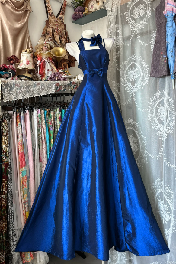 Retro Royal Blue Satin Bow A Line Long Birthday Party Dress Prom Gown