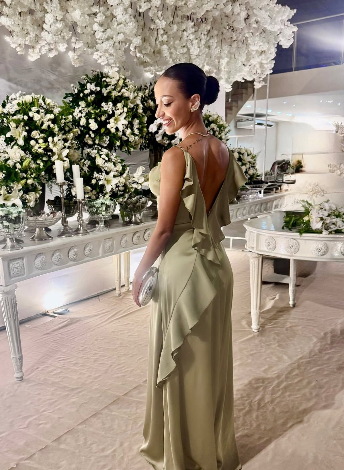 V Back Ruffle Long Party Dress Satin Wedding Guest Dress J8835