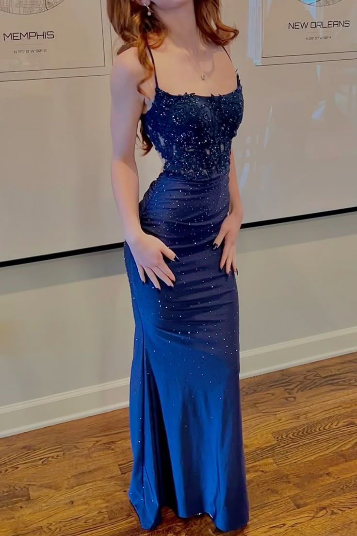 Shiny Spaghetti Straps Blue Satin Beaded Appliques Mermaid Long Party Dress Evening Gown