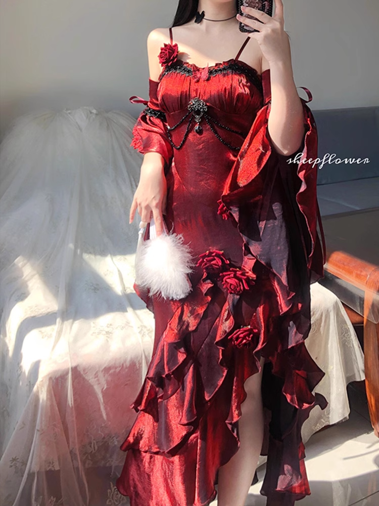 Vintage High-Low Spaghetti Straps Floor-Length Burgundy Flowers Prom Dresses Birthday Dress - View 2 | FashionDia