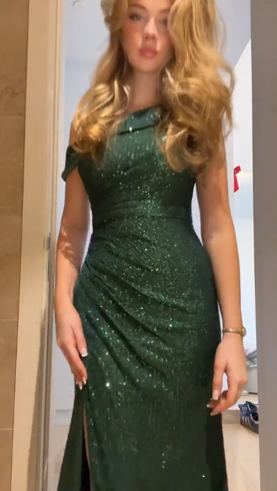 Vintage Green Off-the-Shoulder Sequin Slit Mermaid Evening Dress Long Wedding Guest Dress - View 5 | FashionDia