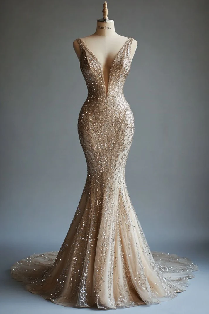 Champagne Mermaid Deep V Neck Tulle Sequin Beaded Long Prom Dress Sexy Evening Dress - VelvetHem