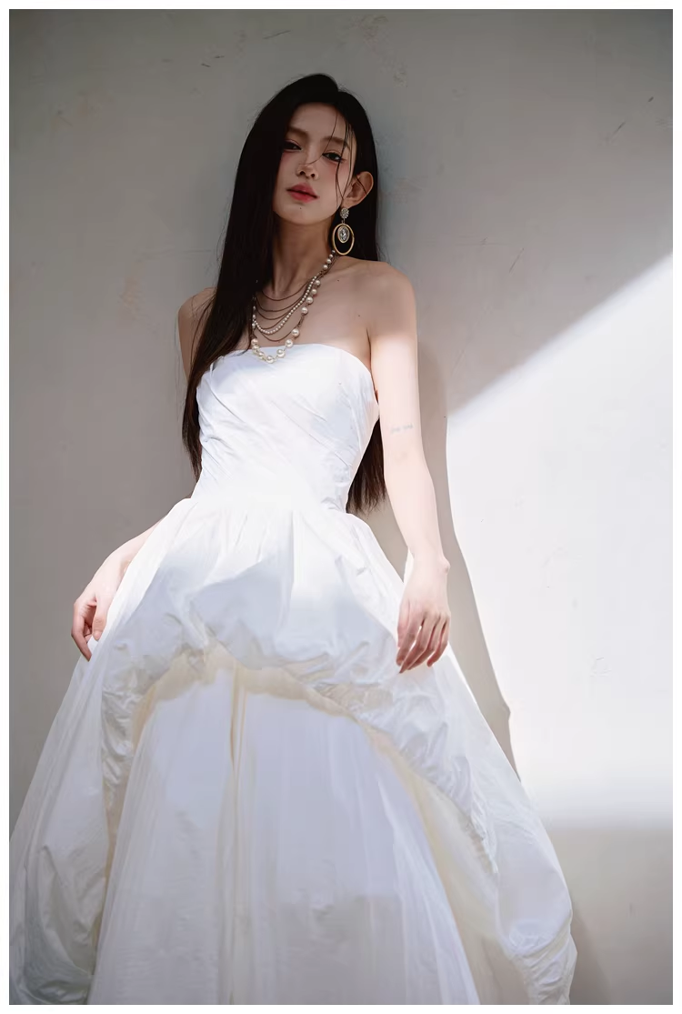 Charming Strapless White Satin Pleated Puff Birthday Party Dress Formal Prom Dresses - View 3 | FashionDia