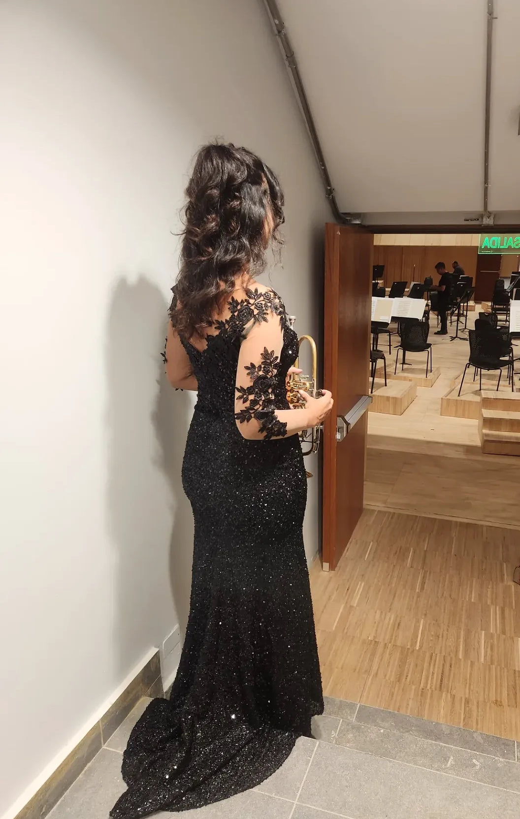 Black Mermaid Sparkling Evening Dress Applique Sleeves Prom Dress