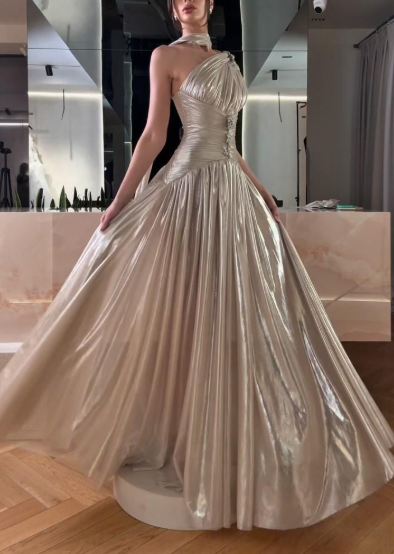 Stylish One-Shoulder Satin Pleated A-Line Long Prom Dress Formal Evening Dress With Scarf - FashionDia