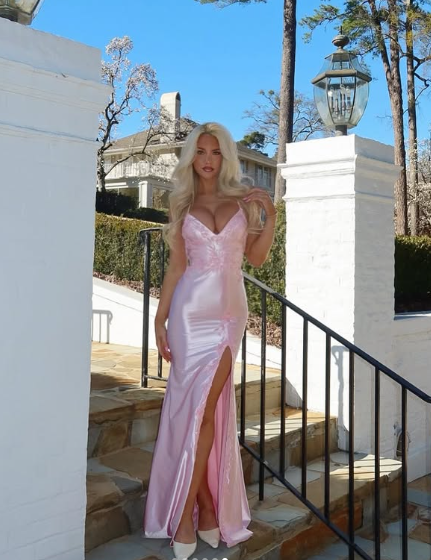 Pretty Pink Satin Appliques Mermaid Evening Dress,Spaghetti Straps Slit Prom Dress