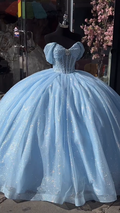 Baby blue sequins quinceanera dresses Sweet 16 Dresses Off-the-Shoulder Ball Gown - FashionDia
