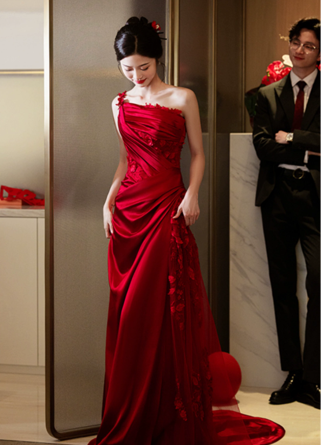 Burgundy Mermaid Long Formal Dress Satin Lace Evening Dresses - FashionDia