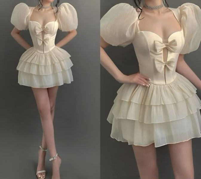 A-Line Puffy Sleeves Short Evening Dress Cocktail Dresses Short Party Dress - FashionDia