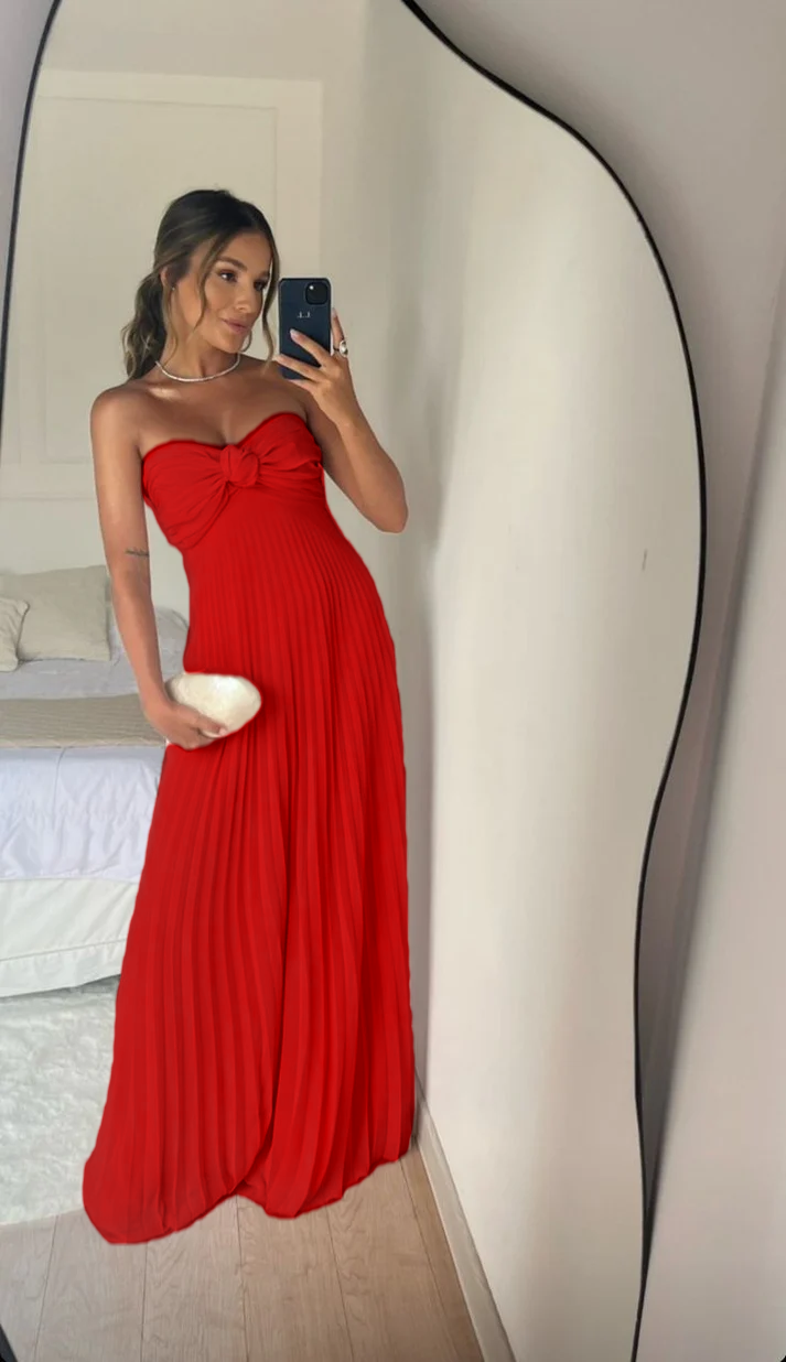 Strapless A Line Pink Long Prom Dress Pleated Formal Party Gown fg6582