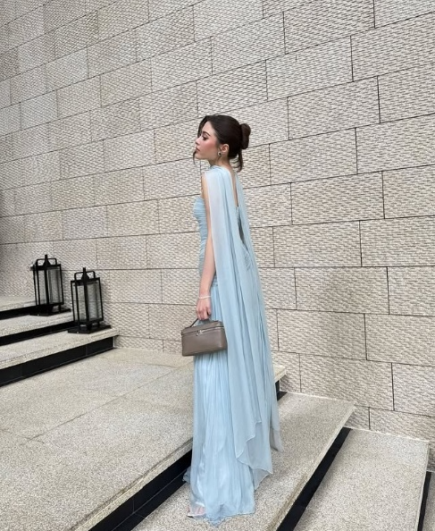 Light Sky Blue Long Prom Dress Evening Party Dresses With Scarf - View 2 | FashionDia