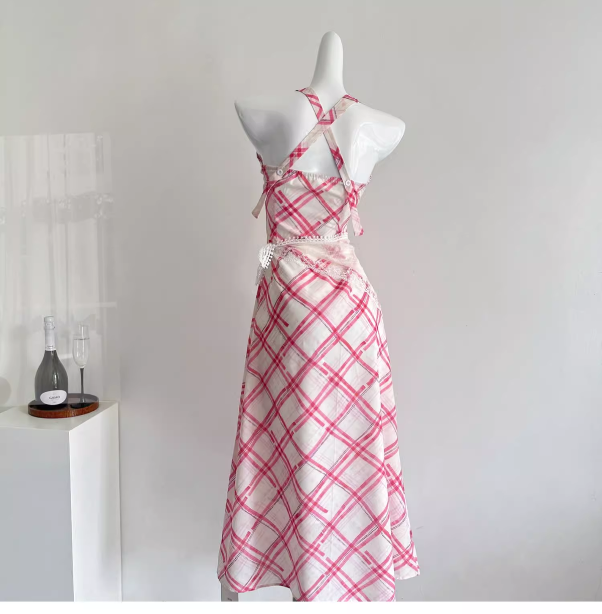 Red White Grid French A-Line Vacation Dress Birthday Dress - View 2 | FashionDia