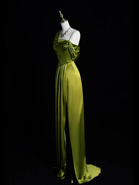 Lovely Green Satin One-Shoulder Prom Dress A-Line Slit Party Dress - View 2 | FashionDia