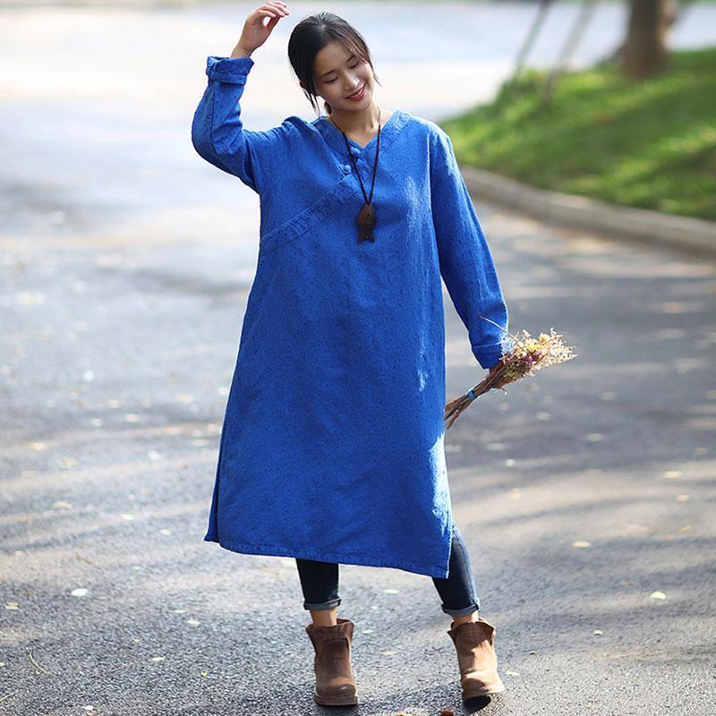 Vintage Women Loose Long Sleeve Split Blue Dress - Omychic