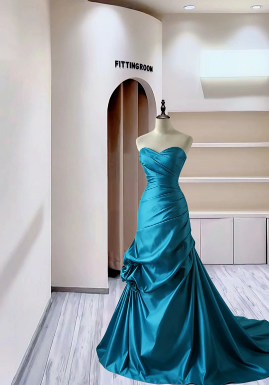 Classy Strapless Cerulean Blue Satin Pleated Mermaid Long Party Dress Formal Wedding Guest Dress - FashionDia