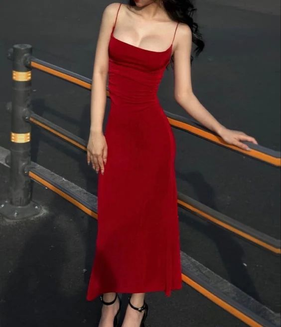 Charming Red Straps Sheath Satin Prom Dress Long Party Evening Gown - FashionDia