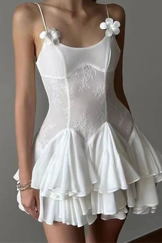 Fashion Spaghetti Straps White Lace Chiffon Short Homecoming Dress Birthday Outfits - FashionDia