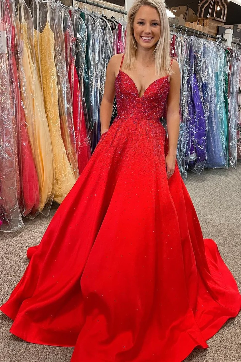 Spaghetti Straps Red Satin Beaded A-line Long Formal Gown Red Prom Dress