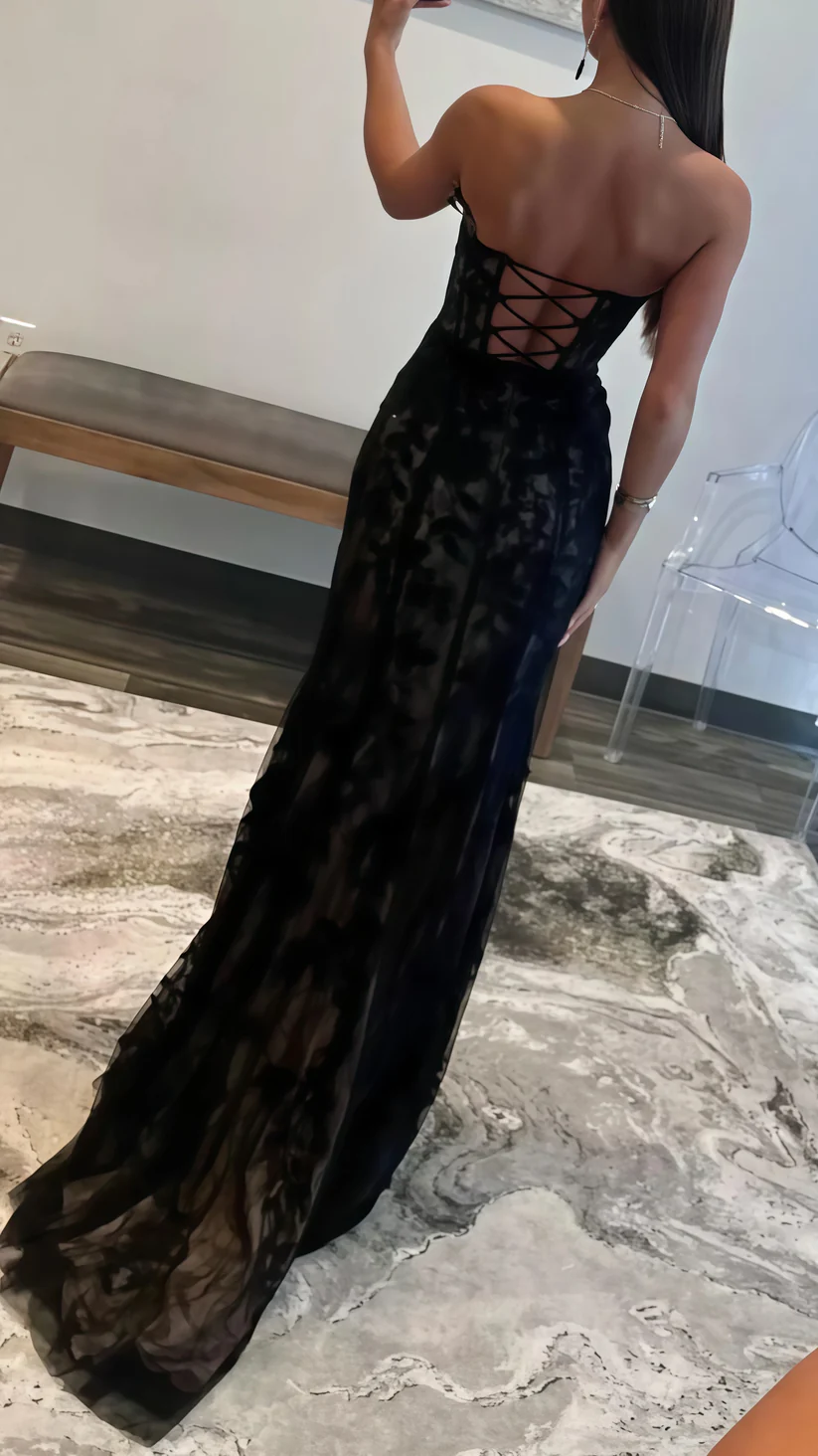 Sexy Tulle Lace Slit Evening Gown,Black Mermaid Long Prom Party Dress - View 3 | FashionDia