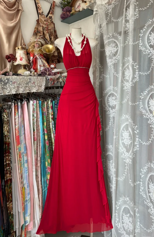Charming Halter Red Chiffon Beaded Evening Dress Long Mermaid Party Gown - FashionDia