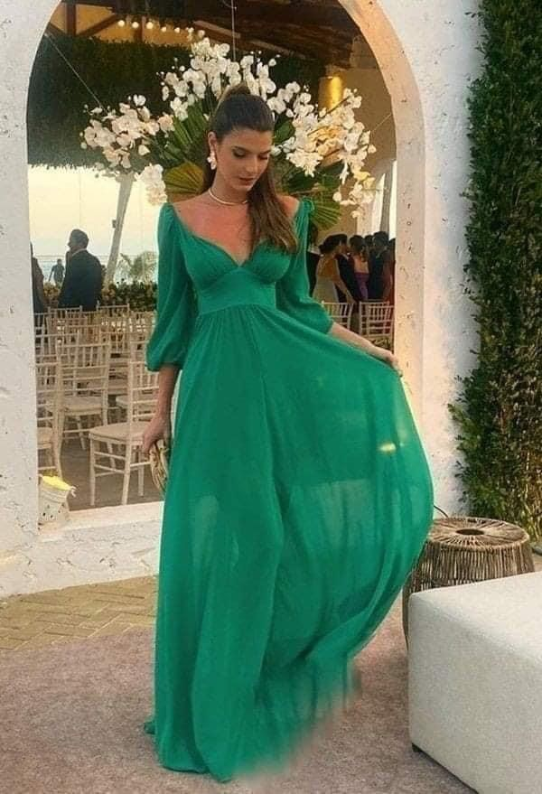 Green A-Line Prom Dress Long Sleeves Fashion Evening Dress - View 2 | FashionDia