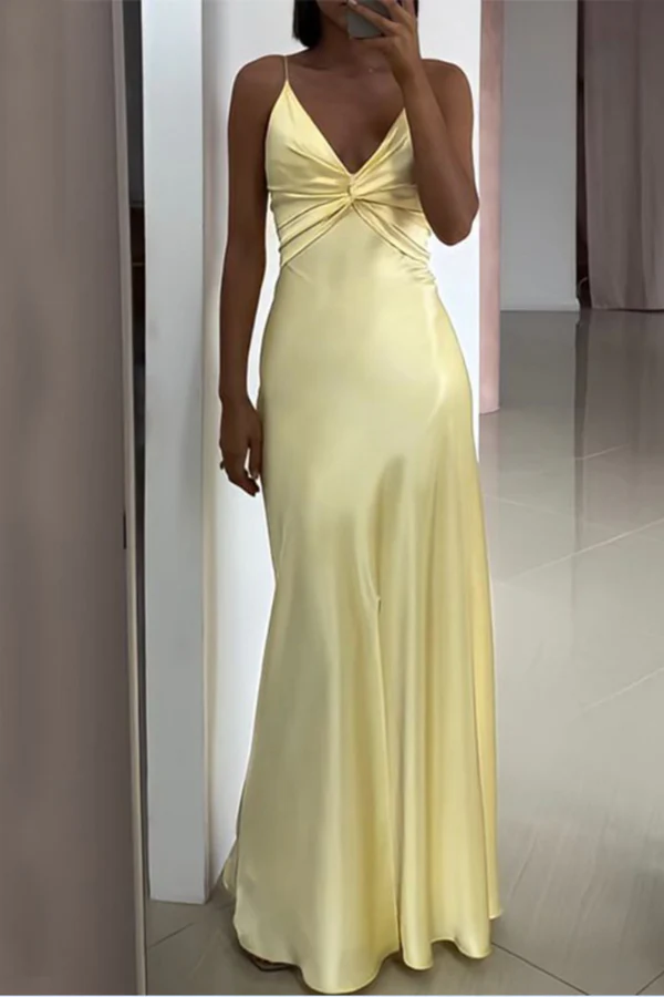 Sexy Spaghetti Strap Yellow Mermaid Satin Evening Prom Dress,Long Party Dress