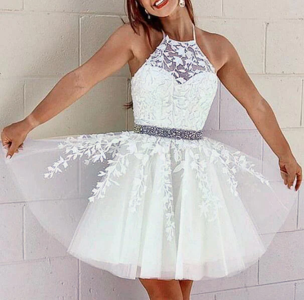 Corset Halter Short Graduation Dress White Lace Cocktail Party Dress for Junior Girls Beaded Belt - View 2 | FashionDia