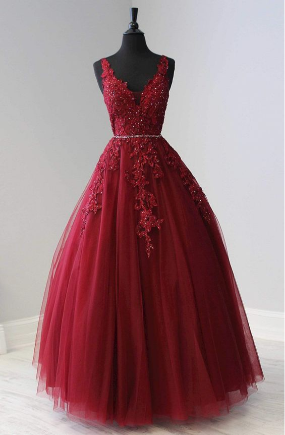 A-Line V-Neck Tulle Lace Prom Dress Waist Bead Fromal Evening Dress - FashionDia