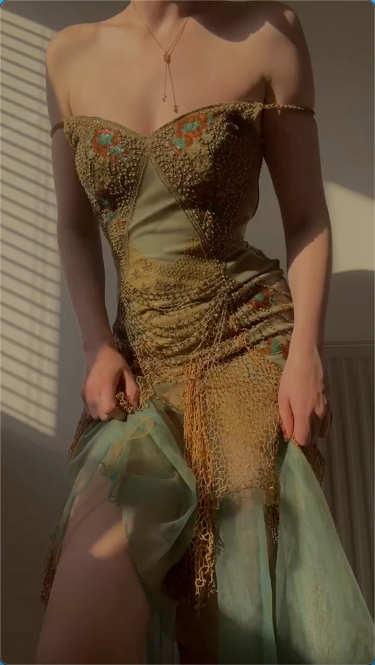 Vintage Green Sequin Lace Party Prom Dress,Off-the-Shoulder Mermaid Evening Dress - View 2 | FashionDia