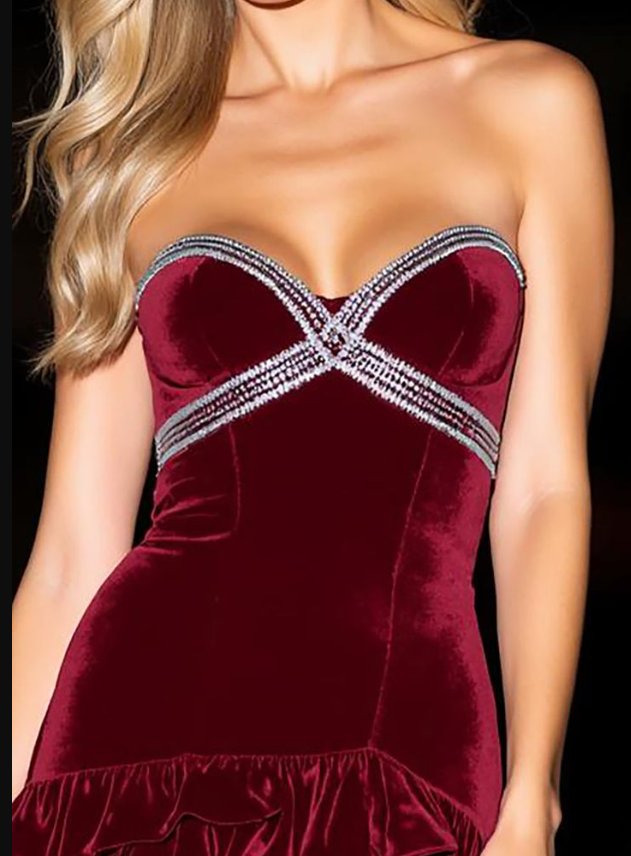 Vintage Burgundy Strapless Sheath Beaded Velvet Ruffle Mini Cocktail Dress Formal Graduation Homecoming Dress - View 2 | FashionDia