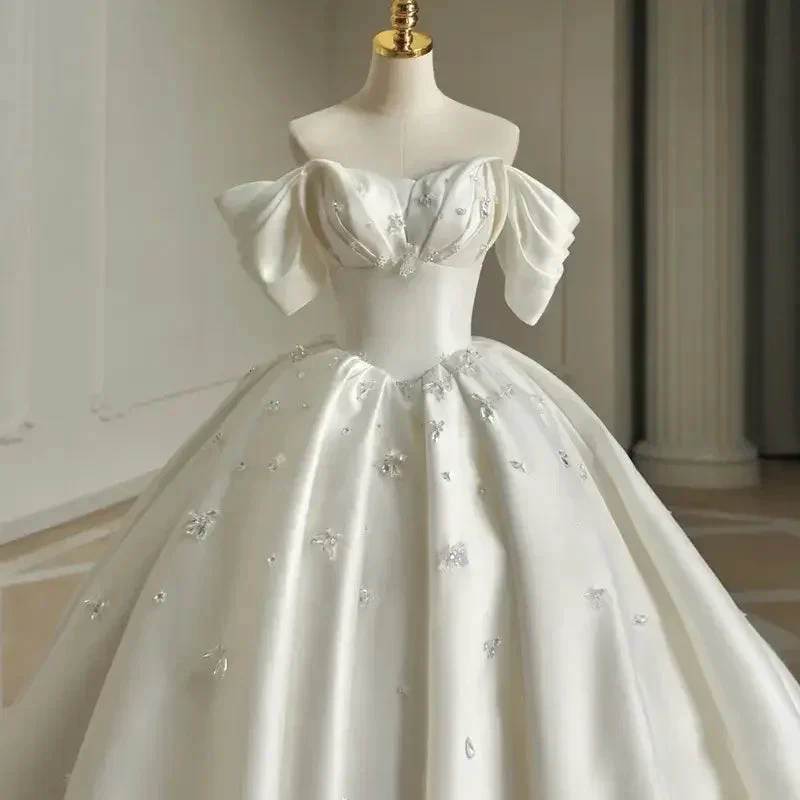 Heavy Industry Luxury Satin Tail Wedding Dress Y6858 by simplepromdress