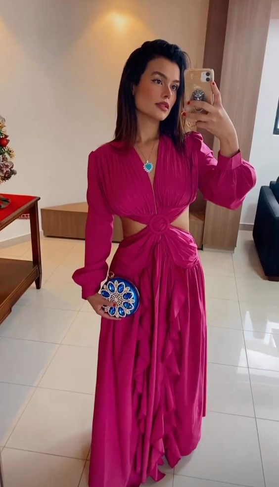 Graduation Gifts New High Waist V-neck Women's Dress Pleated Solid Color Ruffle Prom Dress