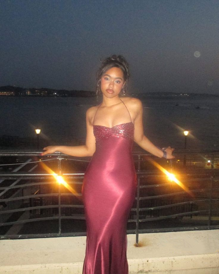Fashion Halter Burgundy Satin Sequin Mermaid Long Wedding Guest Dress Formal Evening Dress Prom Gown - FashionDia