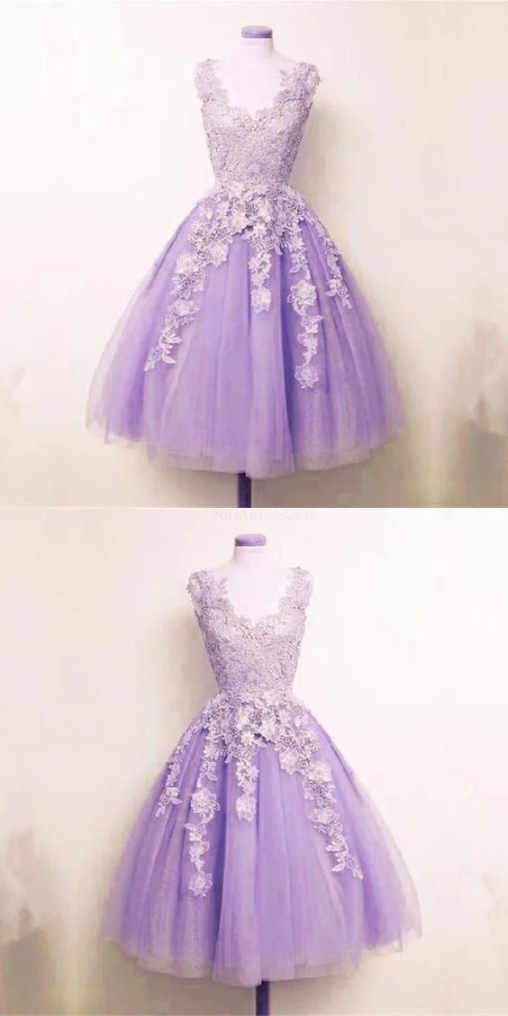 Appliques Homecoming Dress Lilac Tulle Lace Appliques A-Line Short Homecoming Dress - FashionDia
