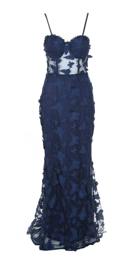 Vintage Mermaid Navy Blue lace Appliques Birthday Party Dress Prom Evening Dress - View 3 | FashionDia