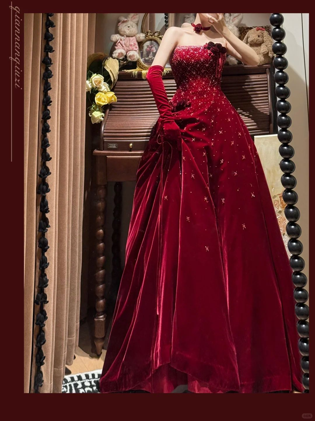 Vintage Strapless Red Velvet Sequin Beaded Long Evening Gown Party Dress - FashionDia