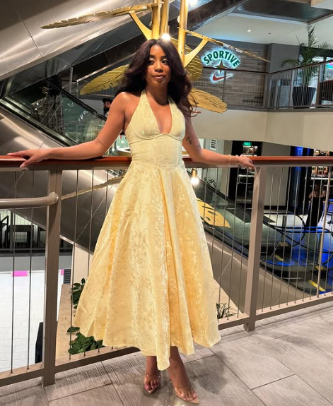 Pretty Yellow Satin Print Prom Dress,Halter A Line Party Evening Dress