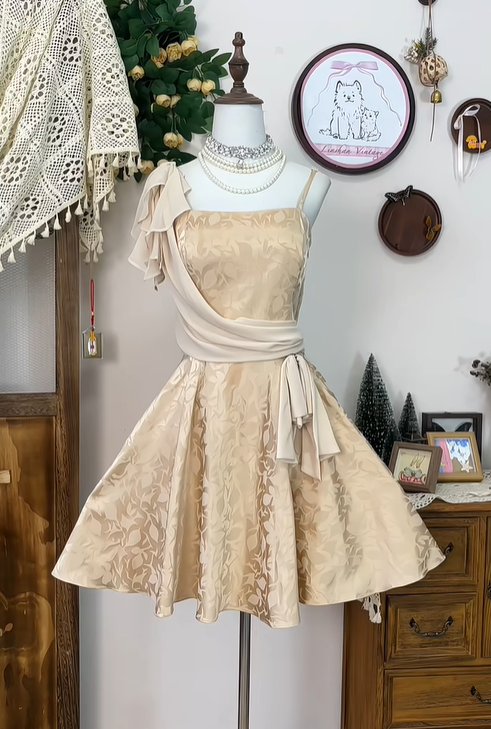 Vintage Satin Print Floral A-Line Mini Party Dress Spaghetti Straps Champagne Homecoming Dress - FashionDia