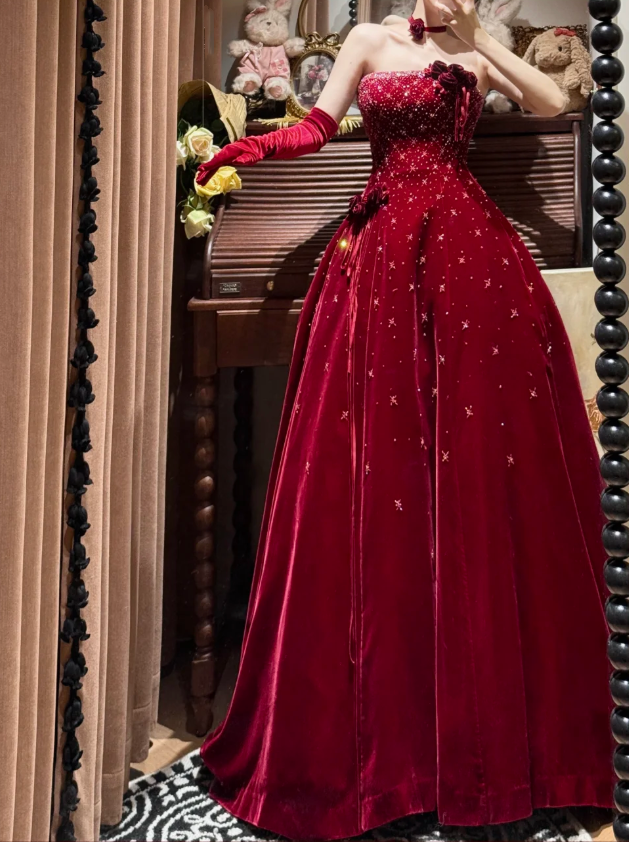 Pretty Burgundy Strapless Velvet Beaded Long Birthday Party Dress Evening Dress - View 4 | FashionDia